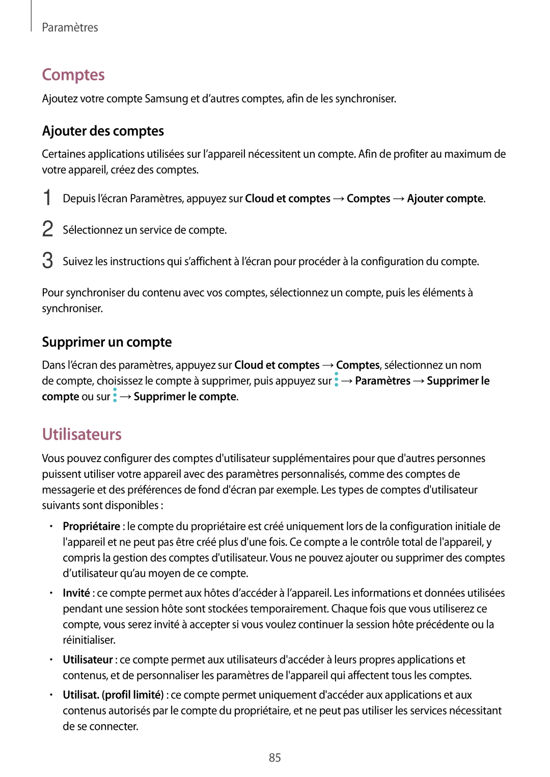 Samsung SM-T580NZWAXEF, SM-T580NZKEXEF, SM-T580NZKAXEF manual Comptes, Utilisateurs, Ajouter des comptes, Supprimer un compte 