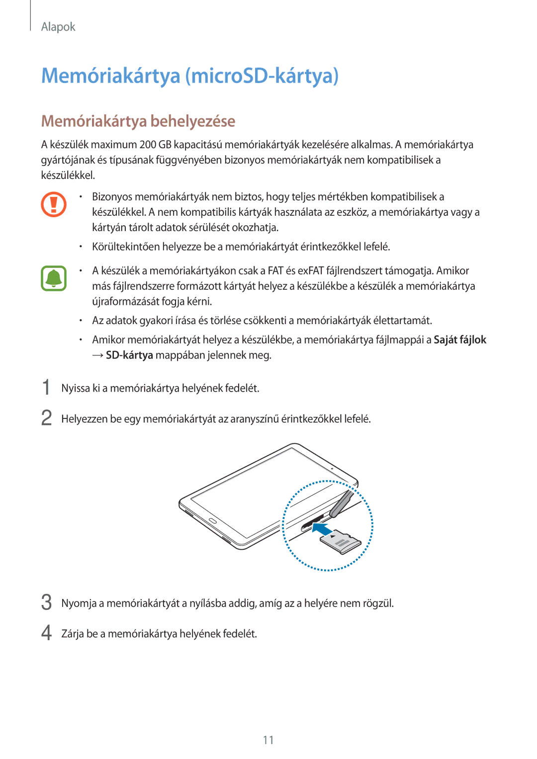 Samsung SM-T580NZKAXEH, SM-T580NZWAXEH manual Memóriakártya microSD-kártya, Memóriakártya behelyezése 