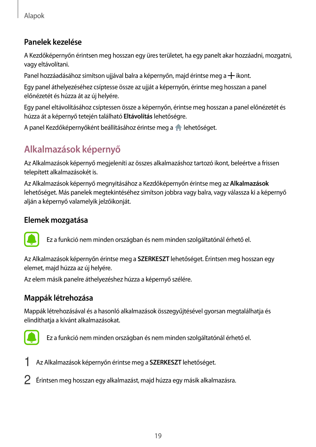 Samsung SM-T580NZKAXEH, SM-T580NZWAXEH manual Alkalmazások képernyő, Panelek kezelése 