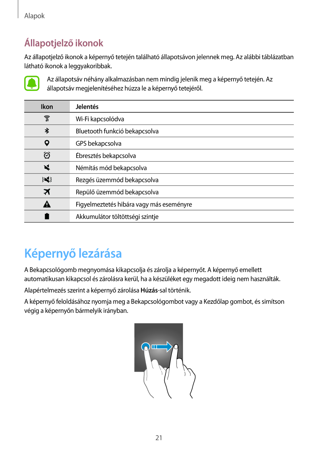 Samsung SM-T580NZKAXEH, SM-T580NZWAXEH manual Képernyő lezárása, Állapotjelző ikonok 