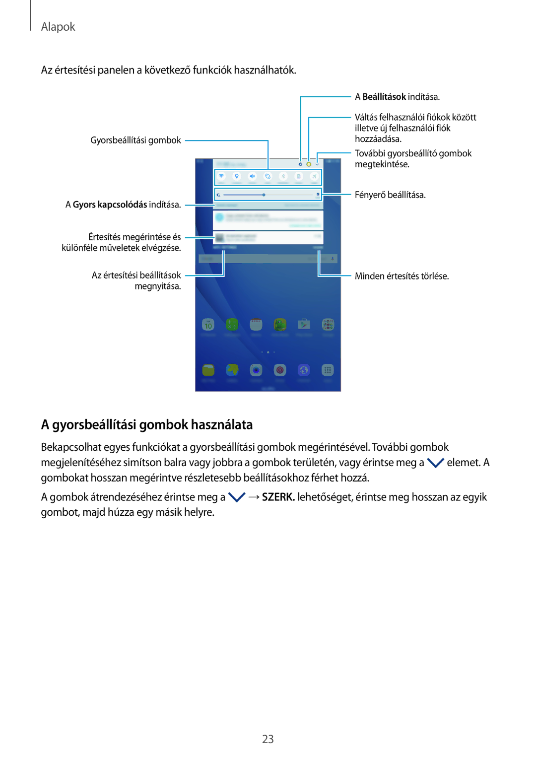 Samsung SM-T580NZKAXEH manual Gyorsbeállítási gombok használata, Az értesítési panelen a következő funkciók használhatók 