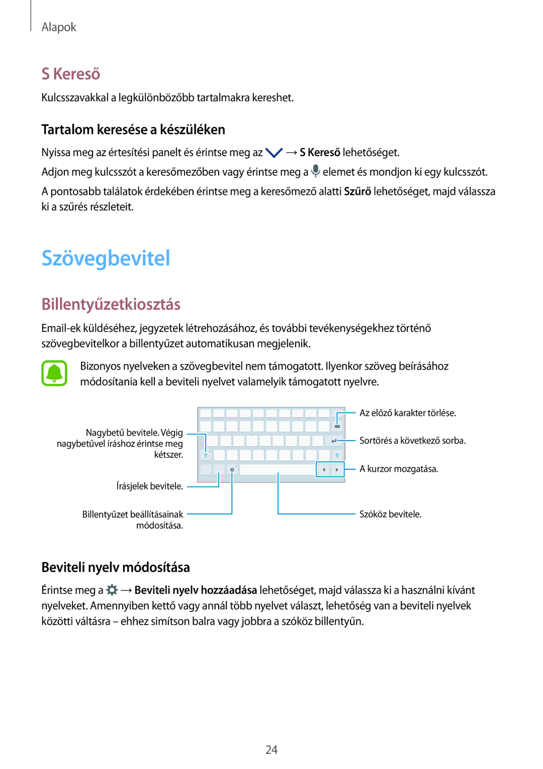 Samsung SM-T580NZWAXEH, SM-T580NZKAXEH manual Szövegbevitel, Kereső, Billentyűzetkiosztás, Tartalom keresése a készüléken 