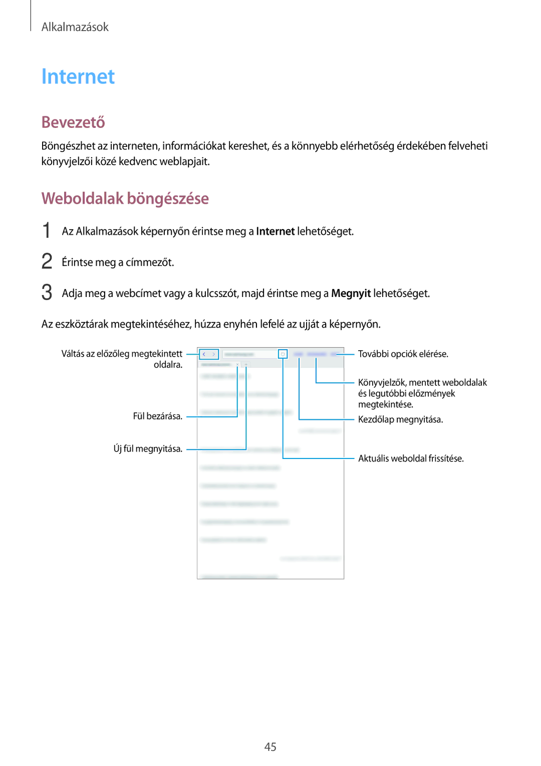 Samsung SM-T580NZKAXEH, SM-T580NZWAXEH manual Internet, Weboldalak böngészése 