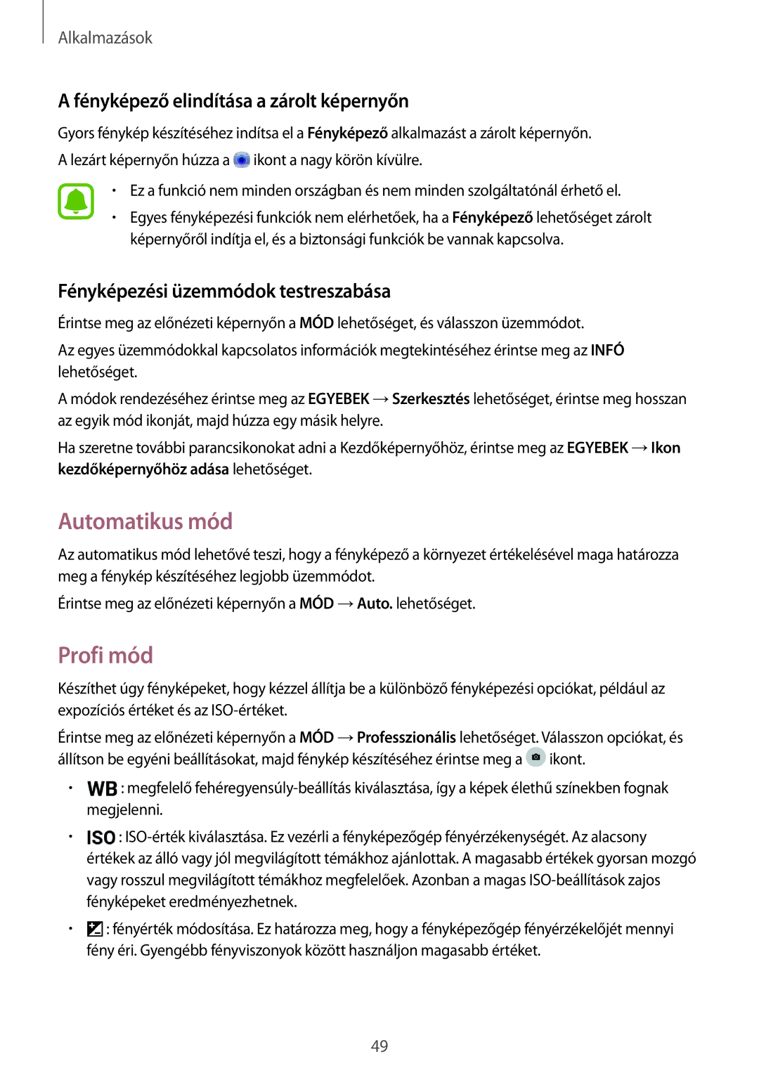 Samsung SM-T580NZKAXEH, SM-T580NZWAXEH manual Automatikus mód, Profi mód, Fényképező elindítása a zárolt képernyőn 