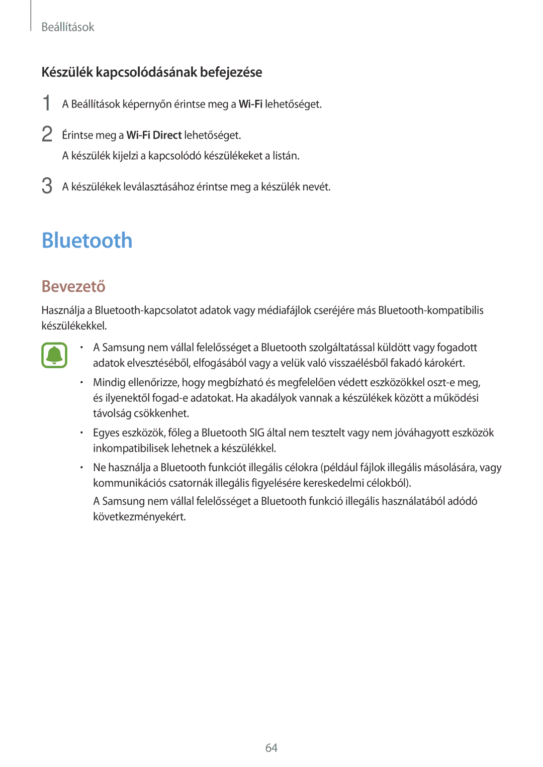 Samsung SM-T580NZWAXEH, SM-T580NZKAXEH manual Bluetooth, Készülék kapcsolódásának befejezése 