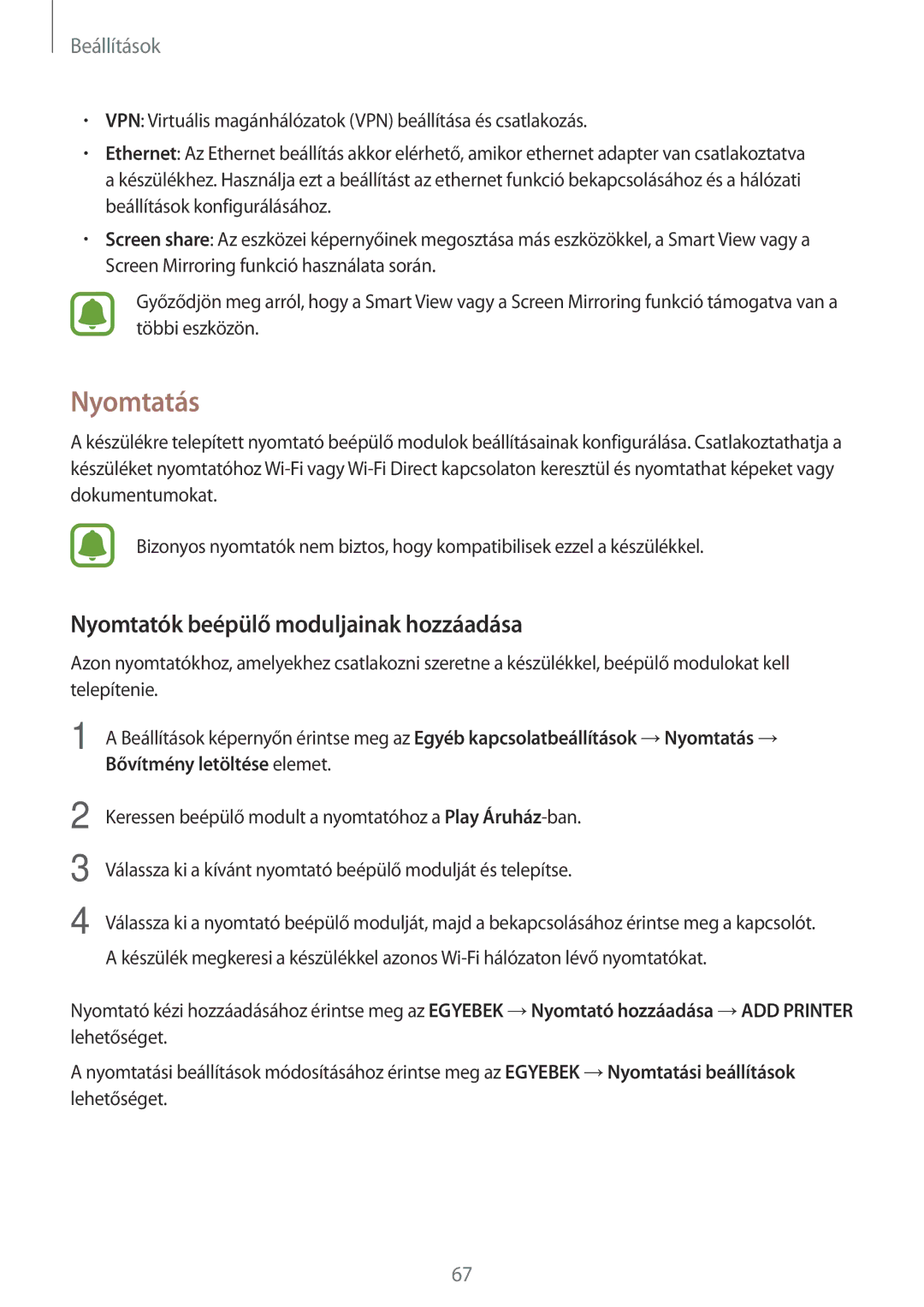 Samsung SM-T580NZKAXEH, SM-T580NZWAXEH manual Nyomtatás, Nyomtatók beépülő moduljainak hozzáadása 