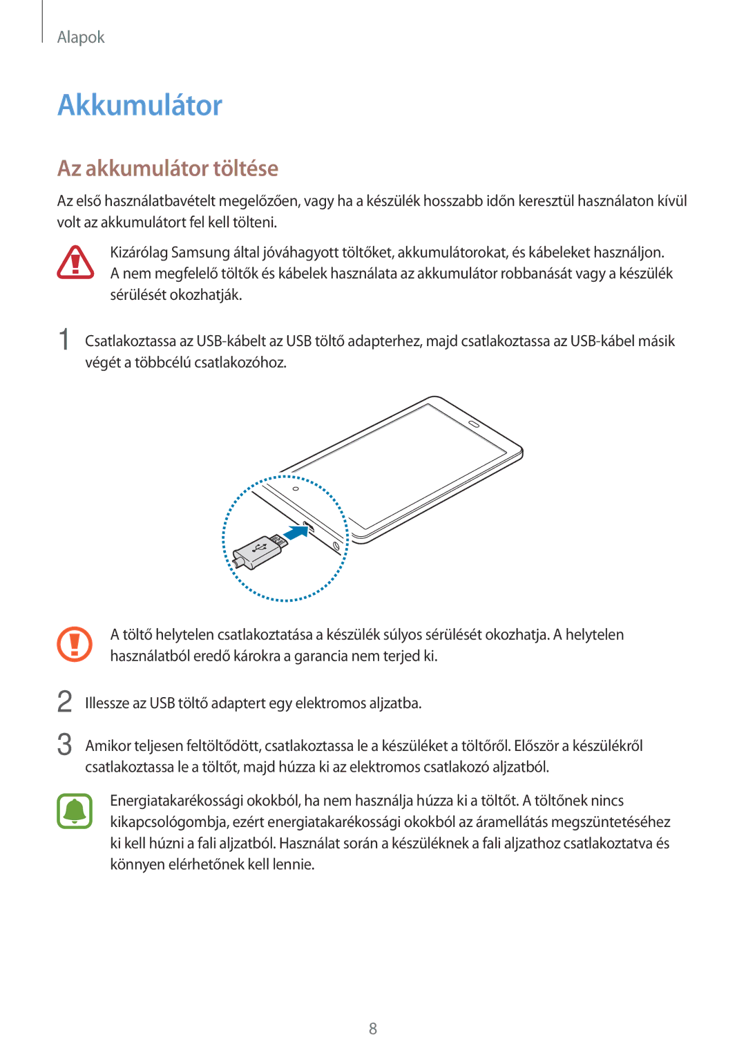 Samsung SM-T580NZWAXEH, SM-T580NZKAXEH manual Akkumulátor, Az akkumulátor töltése 