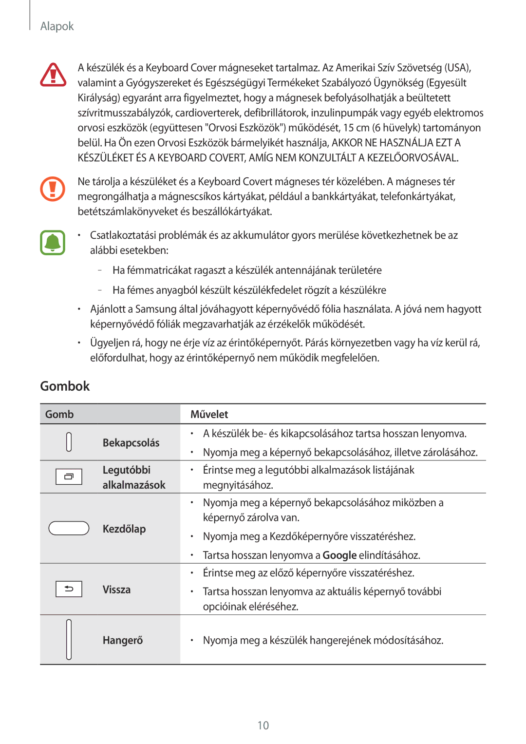 Samsung SM-T580NZWAXEH, SM-T580NZKAXEH manual Gombok, Gomb Művelet Bekapcsolás 