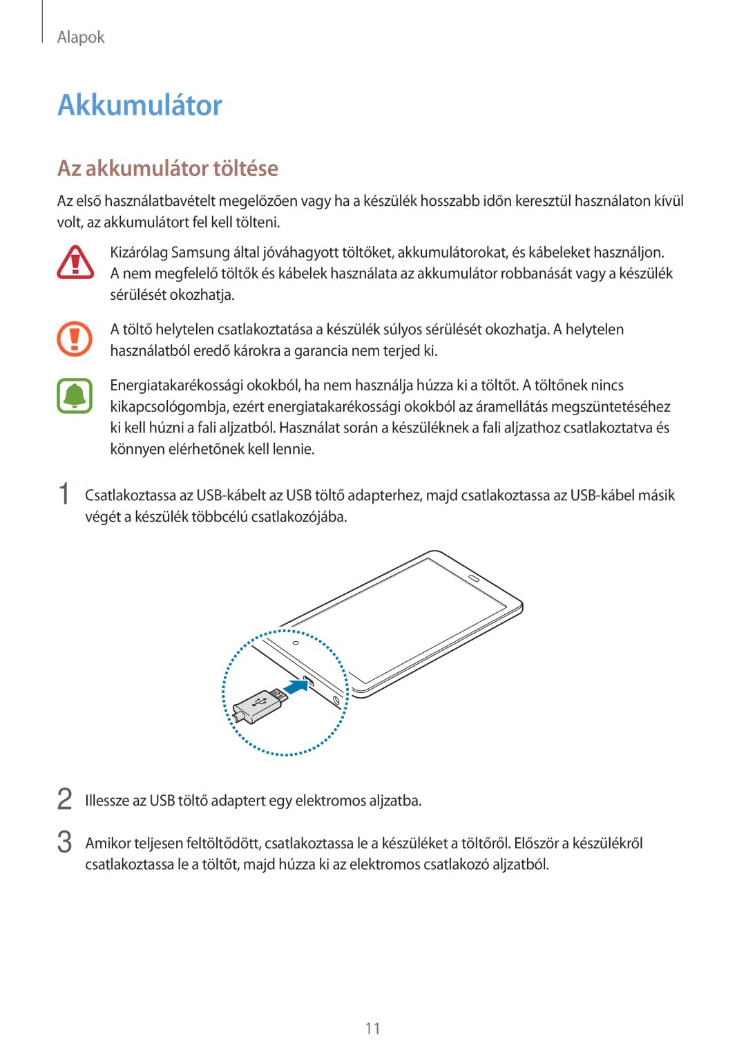 Samsung SM-T580NZKAXEH, SM-T580NZWAXEH manual Akkumulátor, Az akkumulátor töltése 