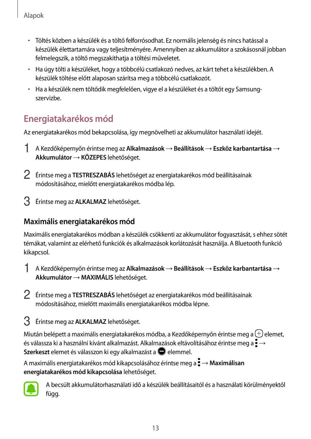 Samsung SM-T580NZKAXEH, SM-T580NZWAXEH manual Energiatakarékos mód, Maximális energiatakarékos mód 