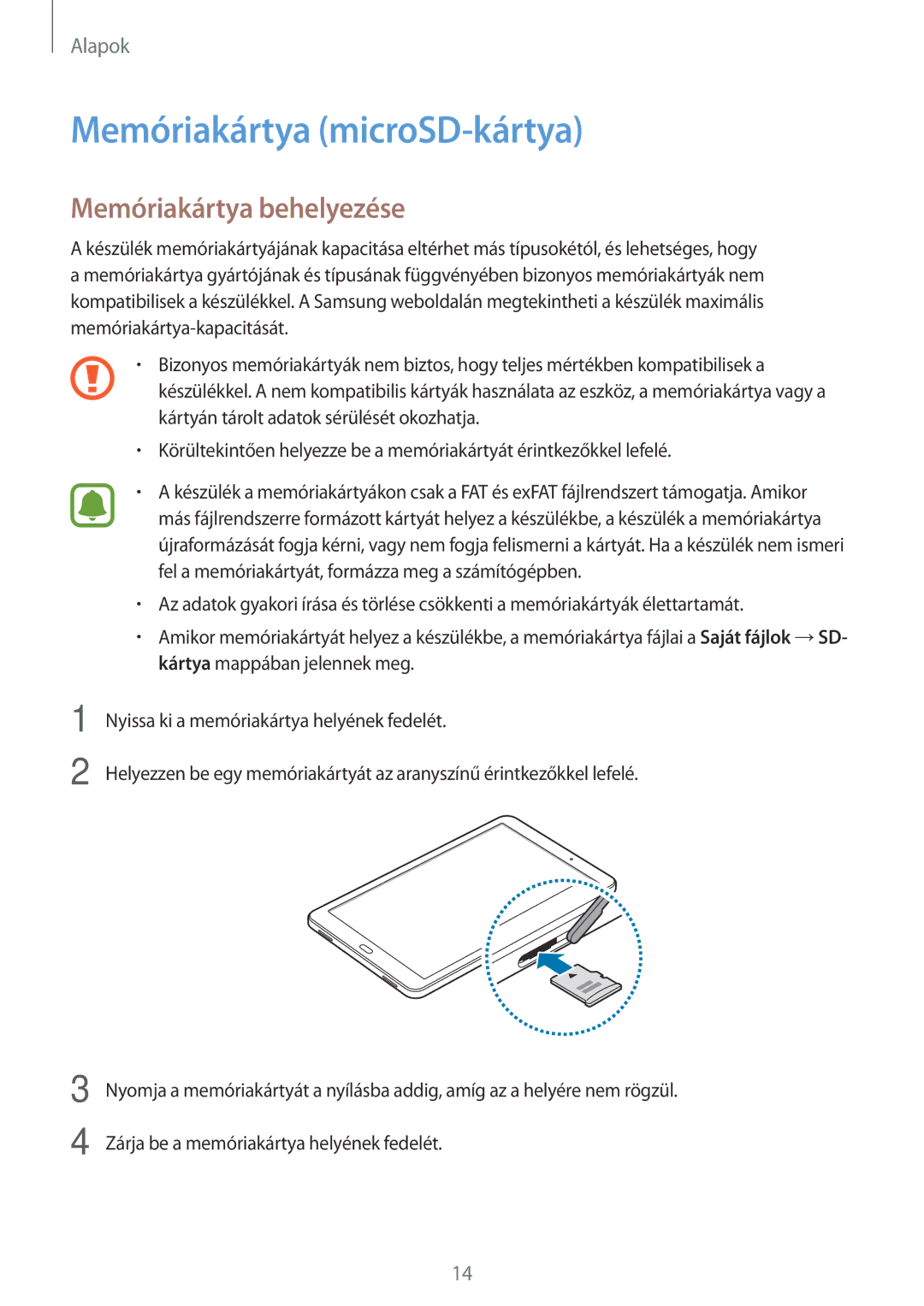 Samsung SM-T580NZWAXEH, SM-T580NZKAXEH manual Memóriakártya microSD-kártya, Memóriakártya behelyezése 