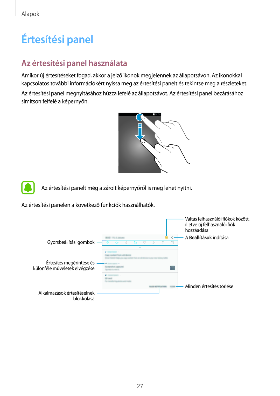 Samsung SM-T580NZKAXEH, SM-T580NZWAXEH manual Értesítési panel, Az értesítési panel használata 