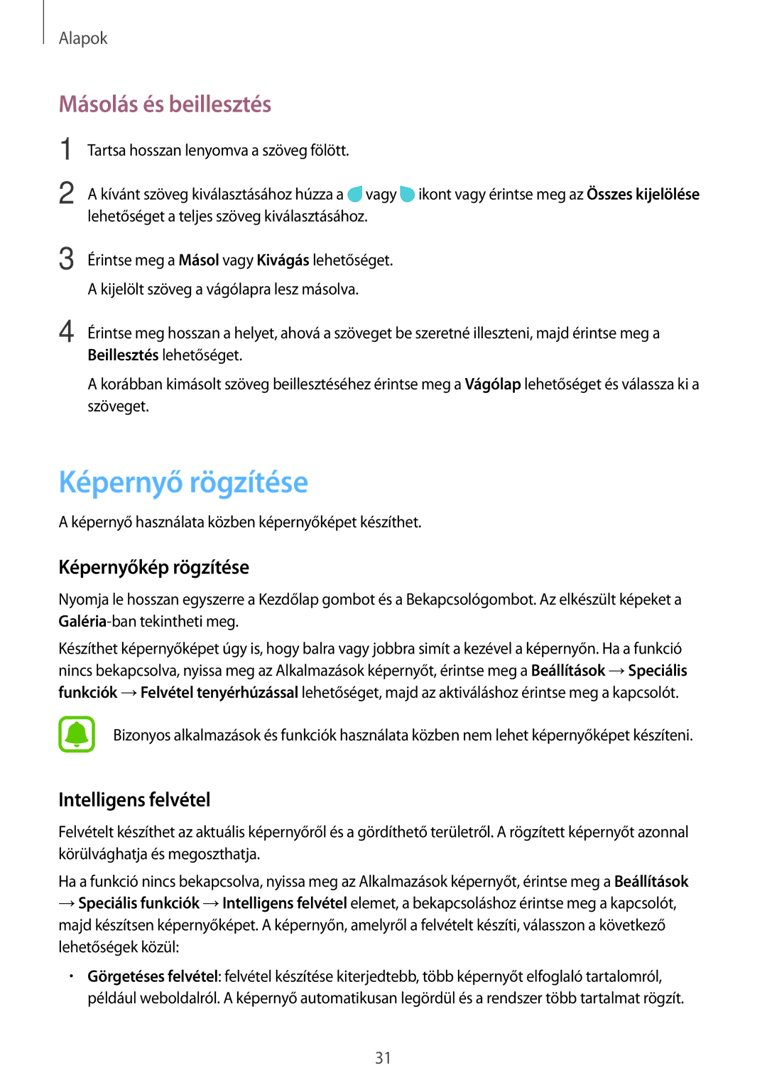 Samsung SM-T580NZKAXEH manual Képernyő rögzítése, Másolás és beillesztés, Képernyőkép rögzítése, Intelligens felvétel 