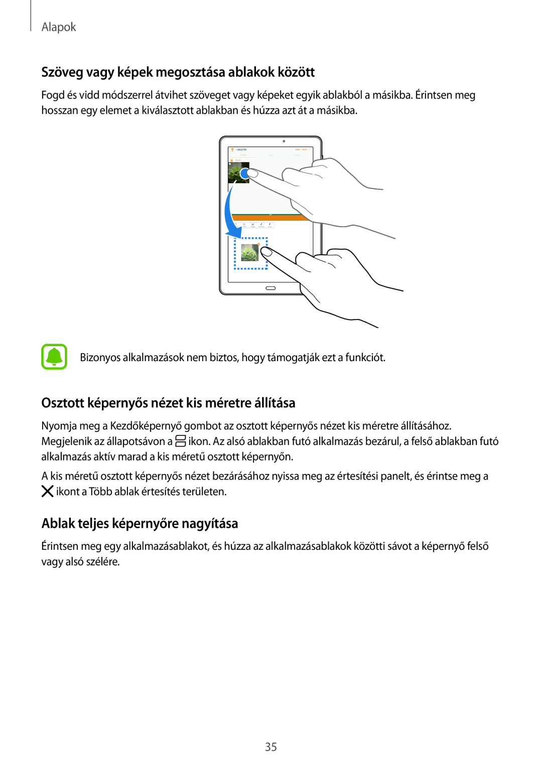 Samsung SM-T580NZKAXEH manual Szöveg vagy képek megosztása ablakok között, Osztott képernyős nézet kis méretre állítása 