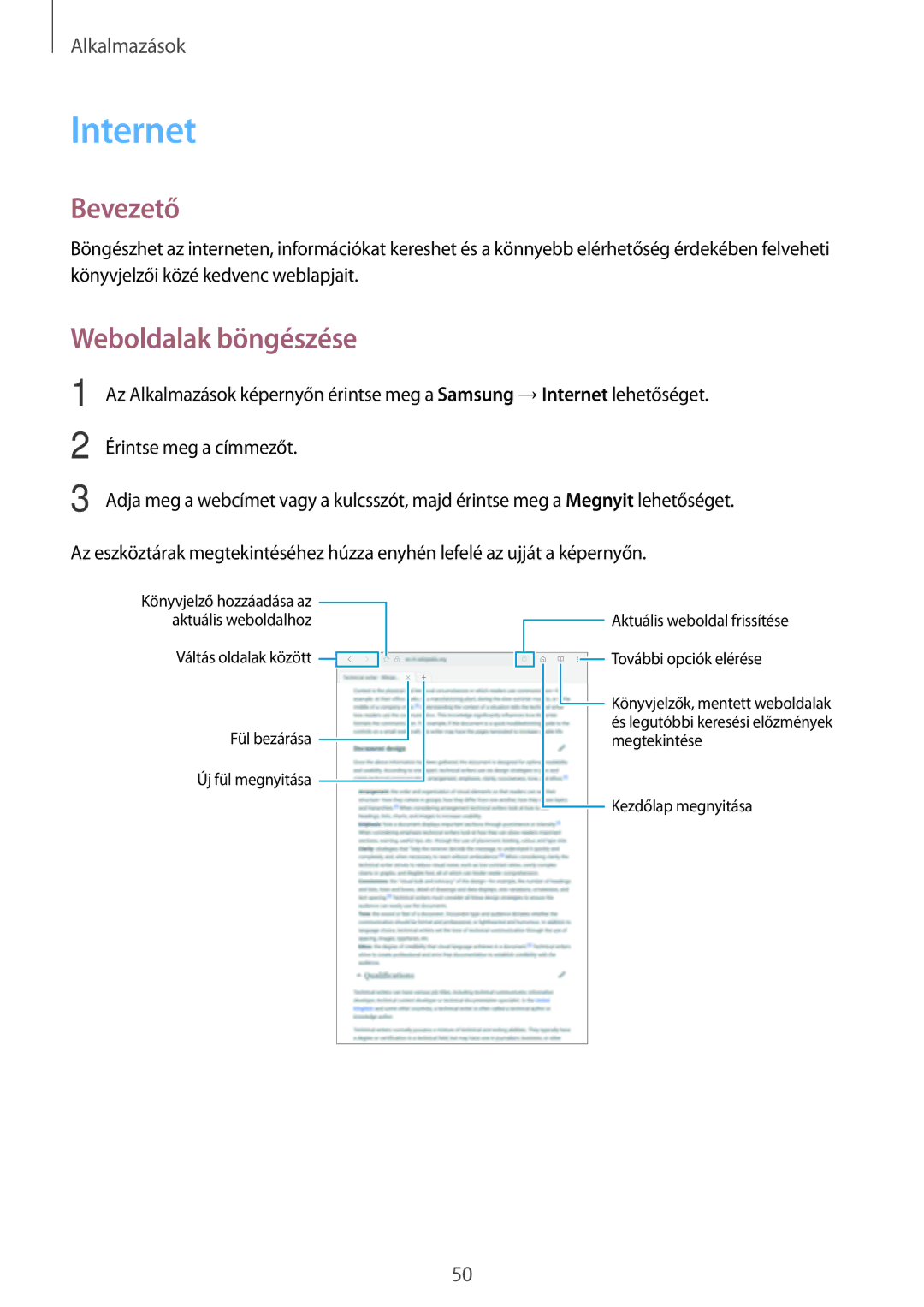 Samsung SM-T580NZWAXEH, SM-T580NZKAXEH manual Internet, Weboldalak böngészése 