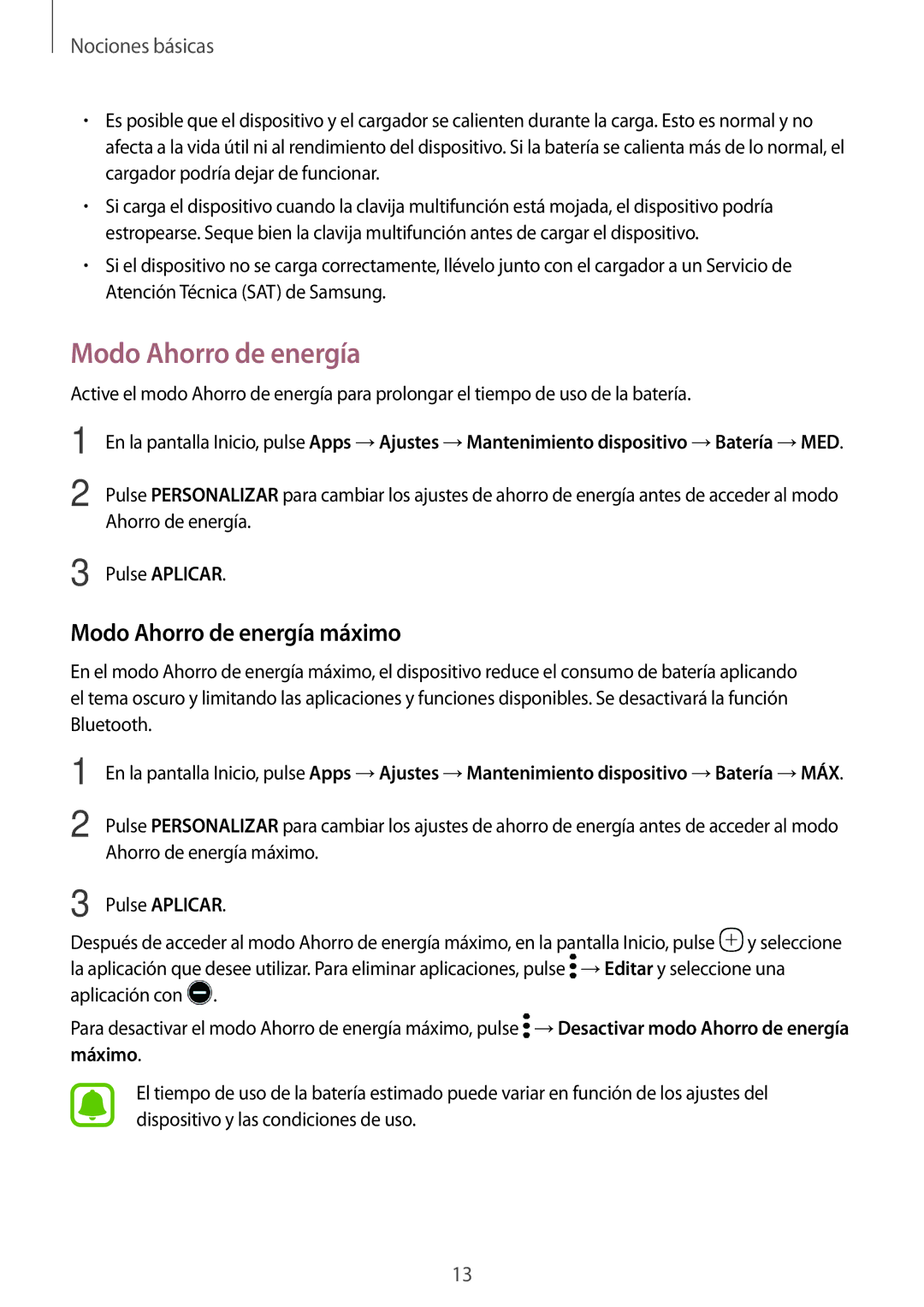 Samsung SM-T580NZWAPHE, SM-T580NZWEPHE, SM-T580NZKAPHE, SM-T580NZKEPHE manual Modo Ahorro de energía máximo 