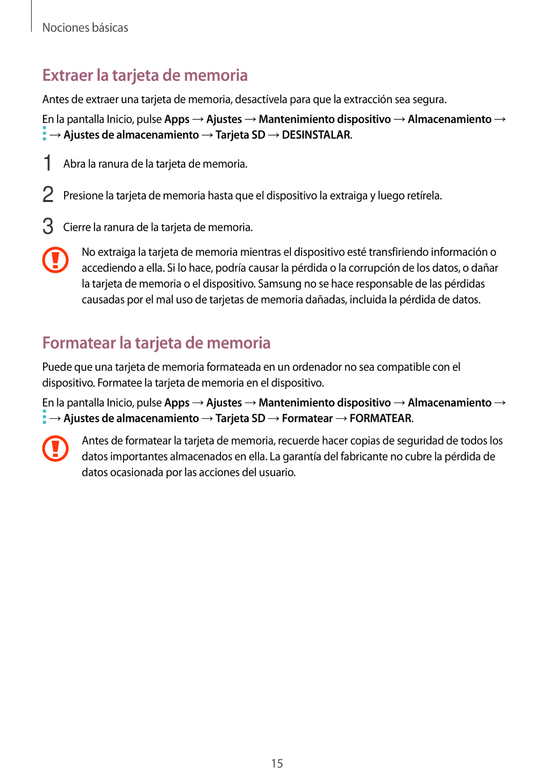 Samsung SM-T580NZKEPHE, SM-T580NZWEPHE, SM-T580NZWAPHE manual Extraer la tarjeta de memoria, Formatear la tarjeta de memoria 