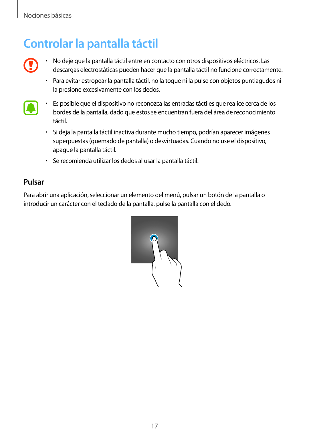 Samsung SM-T580NZWAPHE, SM-T580NZWEPHE, SM-T580NZKAPHE, SM-T580NZKEPHE manual Controlar la pantalla táctil, Pulsar 