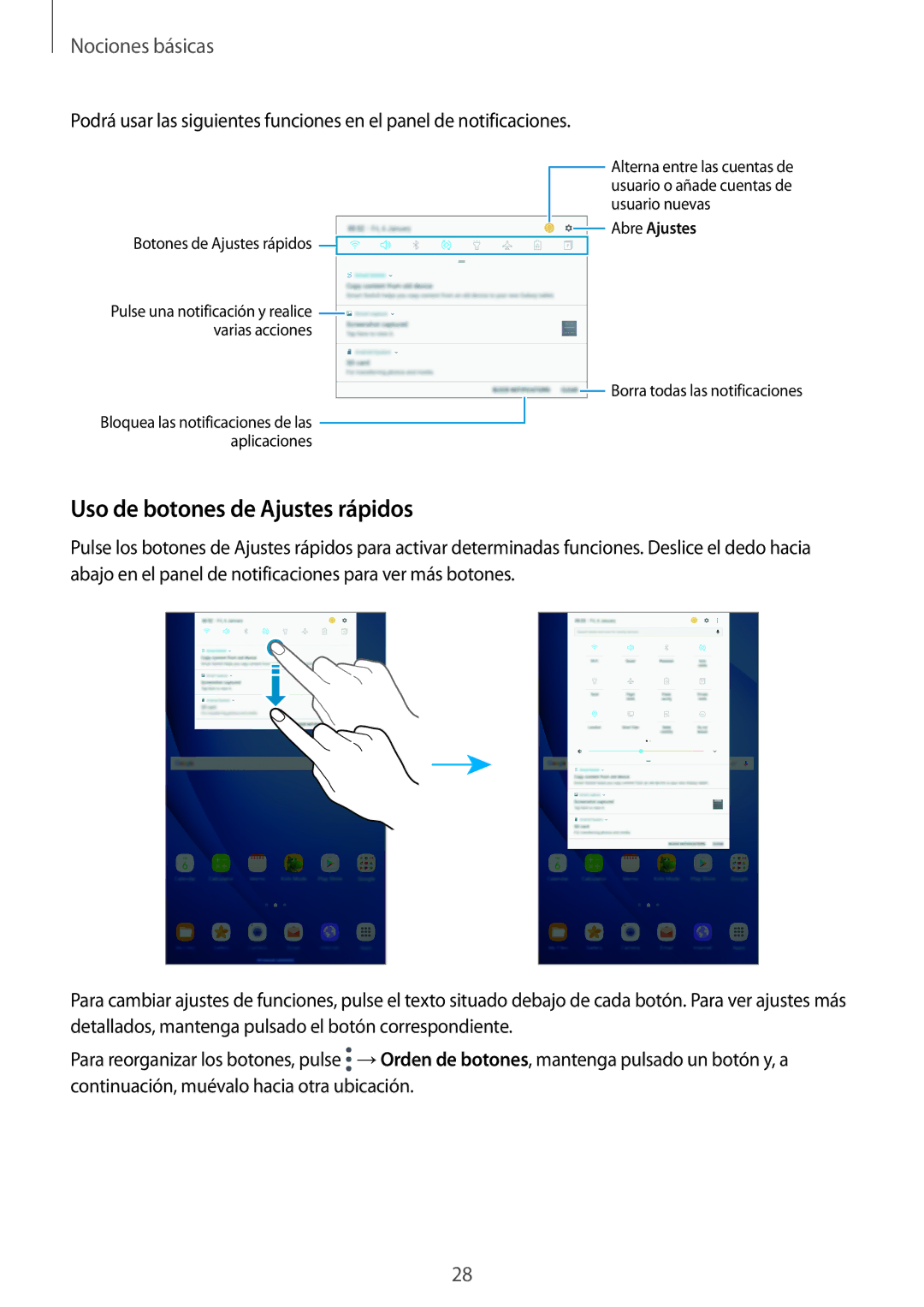 Samsung SM-T580NZWEPHE, SM-T580NZWAPHE, SM-T580NZKAPHE manual Uso de botones de Ajustes rápidos, Botones de Ajustes rápidos 