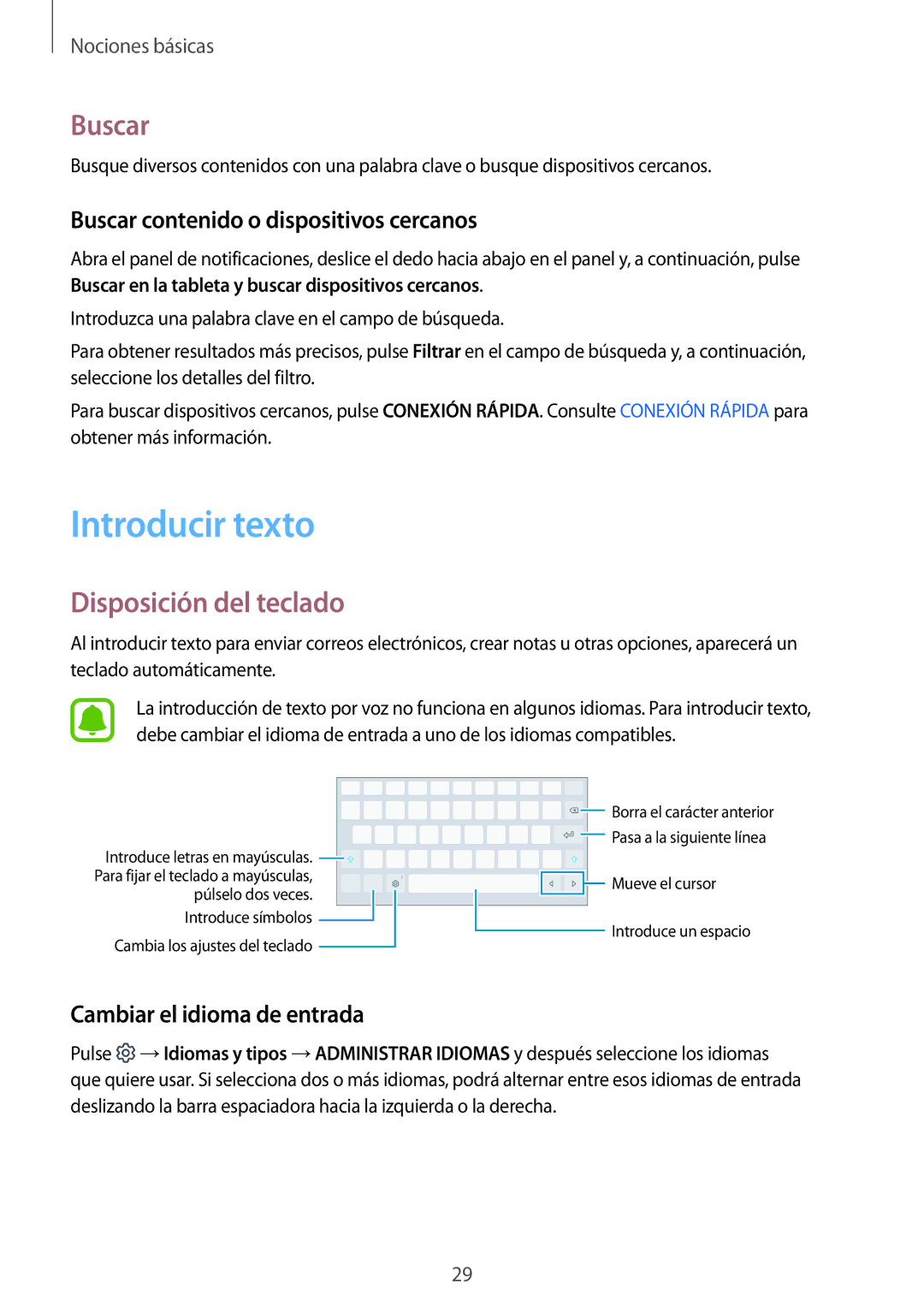 Samsung SM-T580NZWAPHE manual Introducir texto, Disposición del teclado, Buscar contenido o dispositivos cercanos 