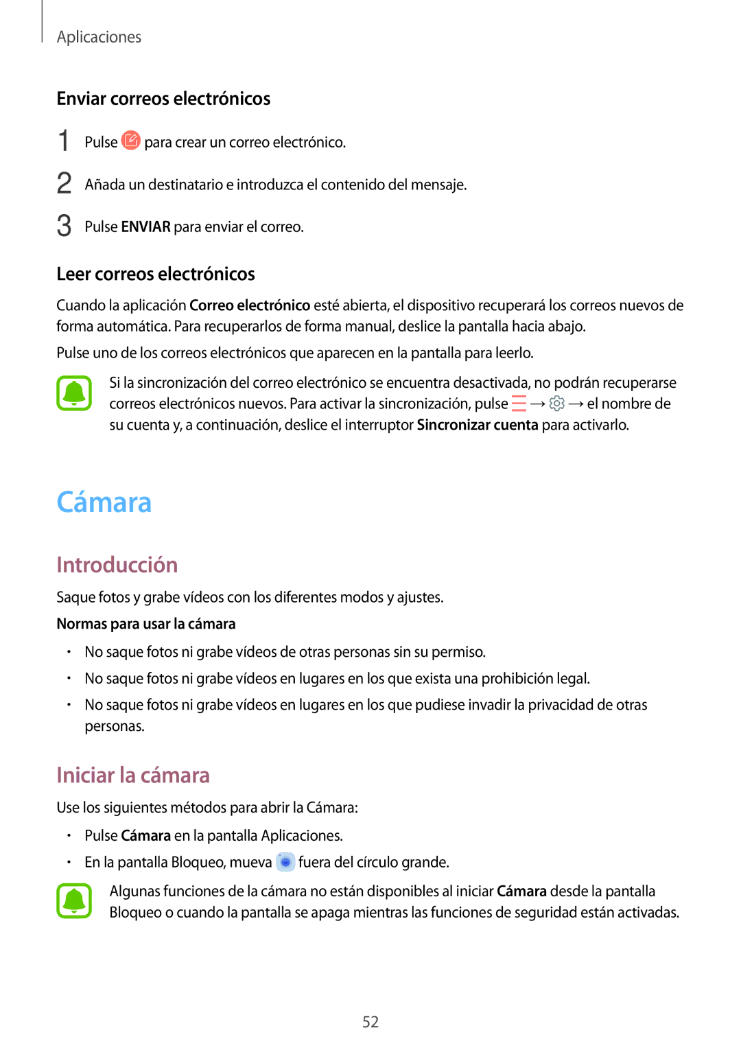 Samsung SM-T580NZWEPHE, SM-T580NZWAPHE Cámara, Iniciar la cámara, Enviar correos electrónicos, Leer correos electrónicos 