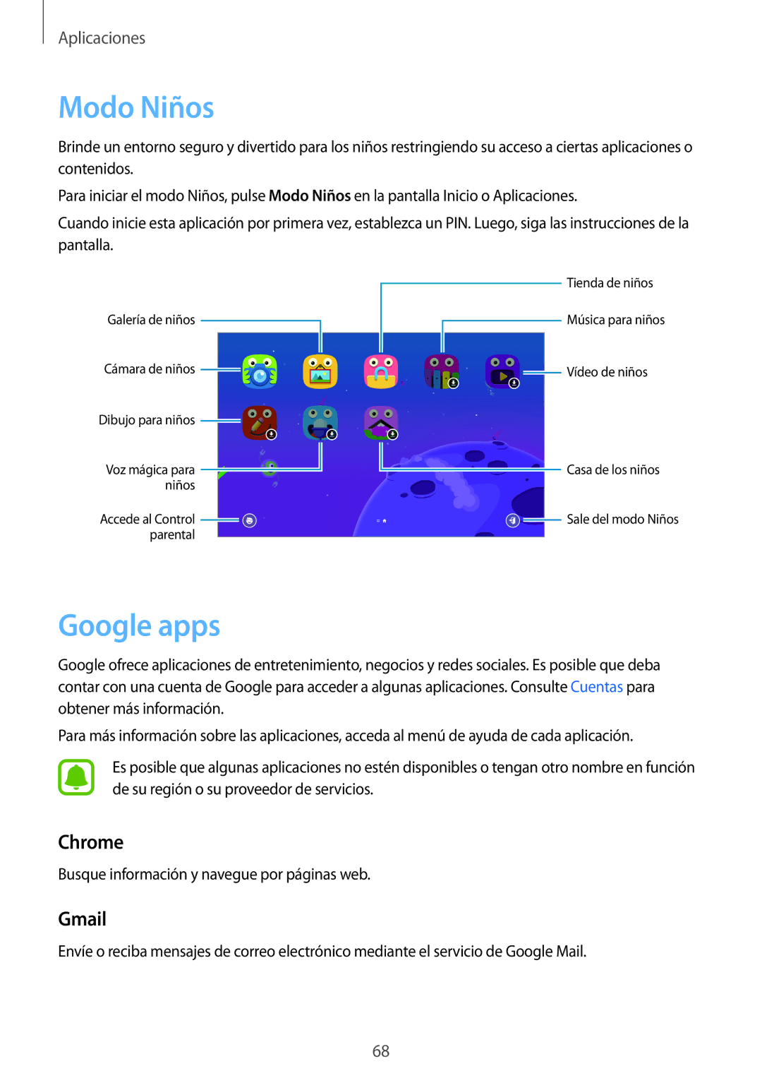 Samsung SM-T580NZWEPHE, SM-T580NZWAPHE, SM-T580NZKAPHE, SM-T580NZKEPHE manual Modo Niños, Google apps, Chrome, Gmail 
