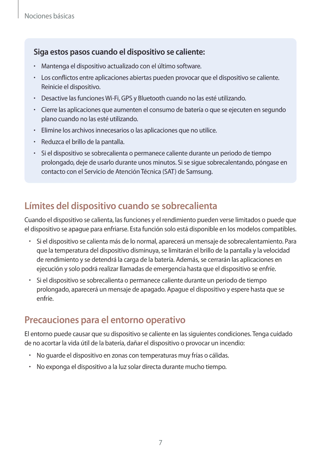 Samsung SM-T580NZKEPHE manual Límites del dispositivo cuando se sobrecalienta, Precauciones para el entorno operativo 