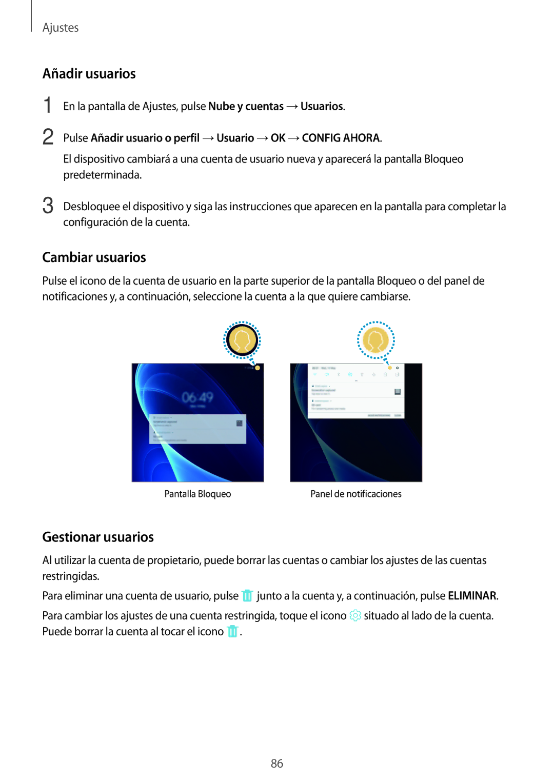 Samsung SM-T580NZKAPHE, SM-T580NZWEPHE, SM-T580NZWAPHE, SM-T580NZKEPHE Añadir usuarios, Cambiar usuarios, Gestionar usuarios 