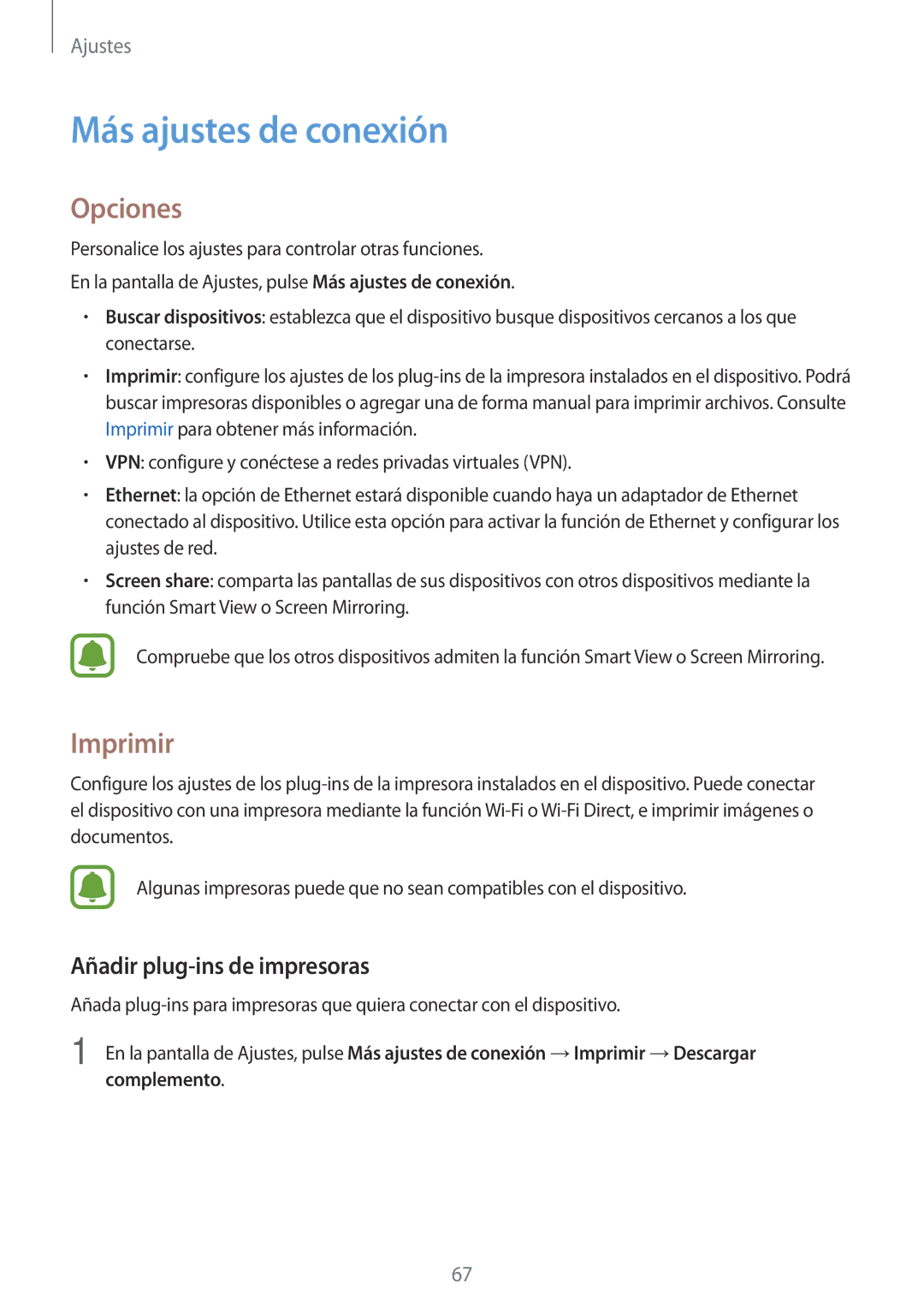 Samsung SM-T580NZKEPHE, SM-T580NZWEPHE manual Más ajustes de conexión, Opciones, Imprimir, Añadir plug-ins de impresoras 