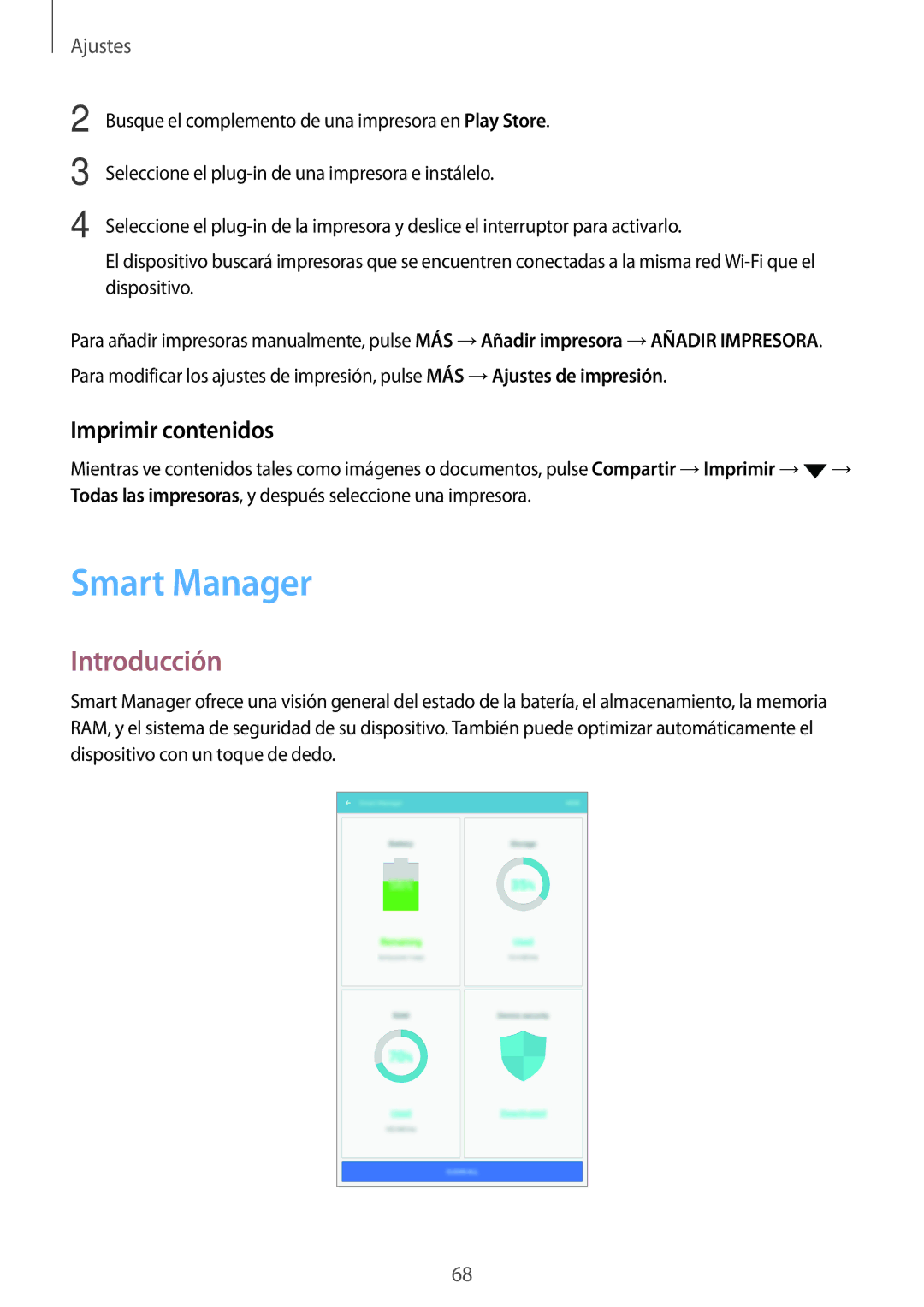 Samsung SM-T580NZWEPHE, SM-T580NZWAPHE, SM-T580NZKAPHE, SM-T580NZKEPHE manual Smart Manager, Imprimir contenidos 