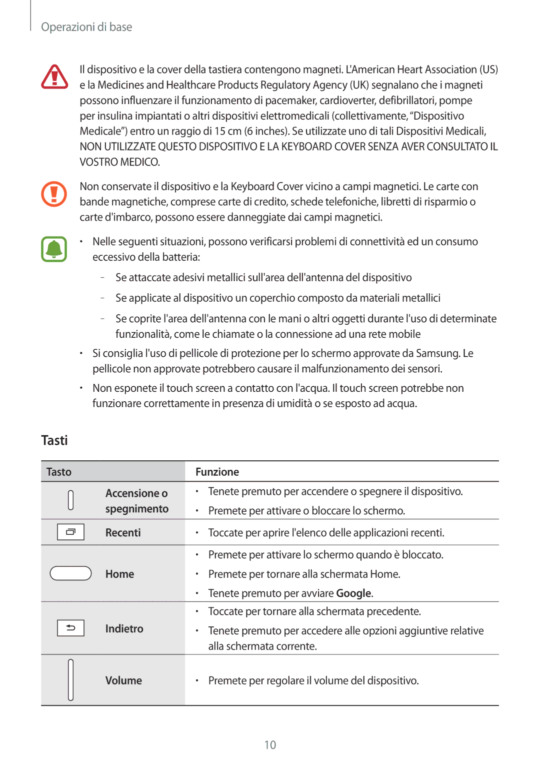 Samsung SM-T585NZAEITV, SM-T585NZWAITV manual Tasti 