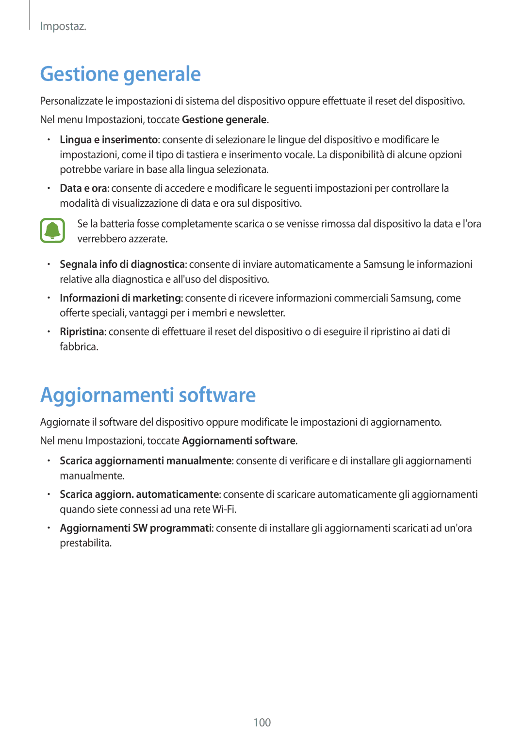 Samsung SM-T585NZAEITV, SM-T585NZWAITV manual Gestione generale, Aggiornamenti software 