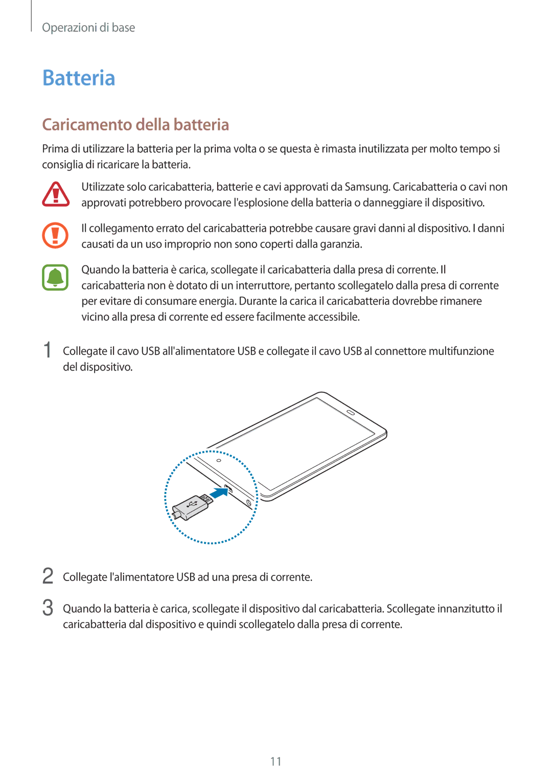 Samsung SM-T585NZWAITV, SM-T585NZAEITV manual Batteria, Caricamento della batteria 