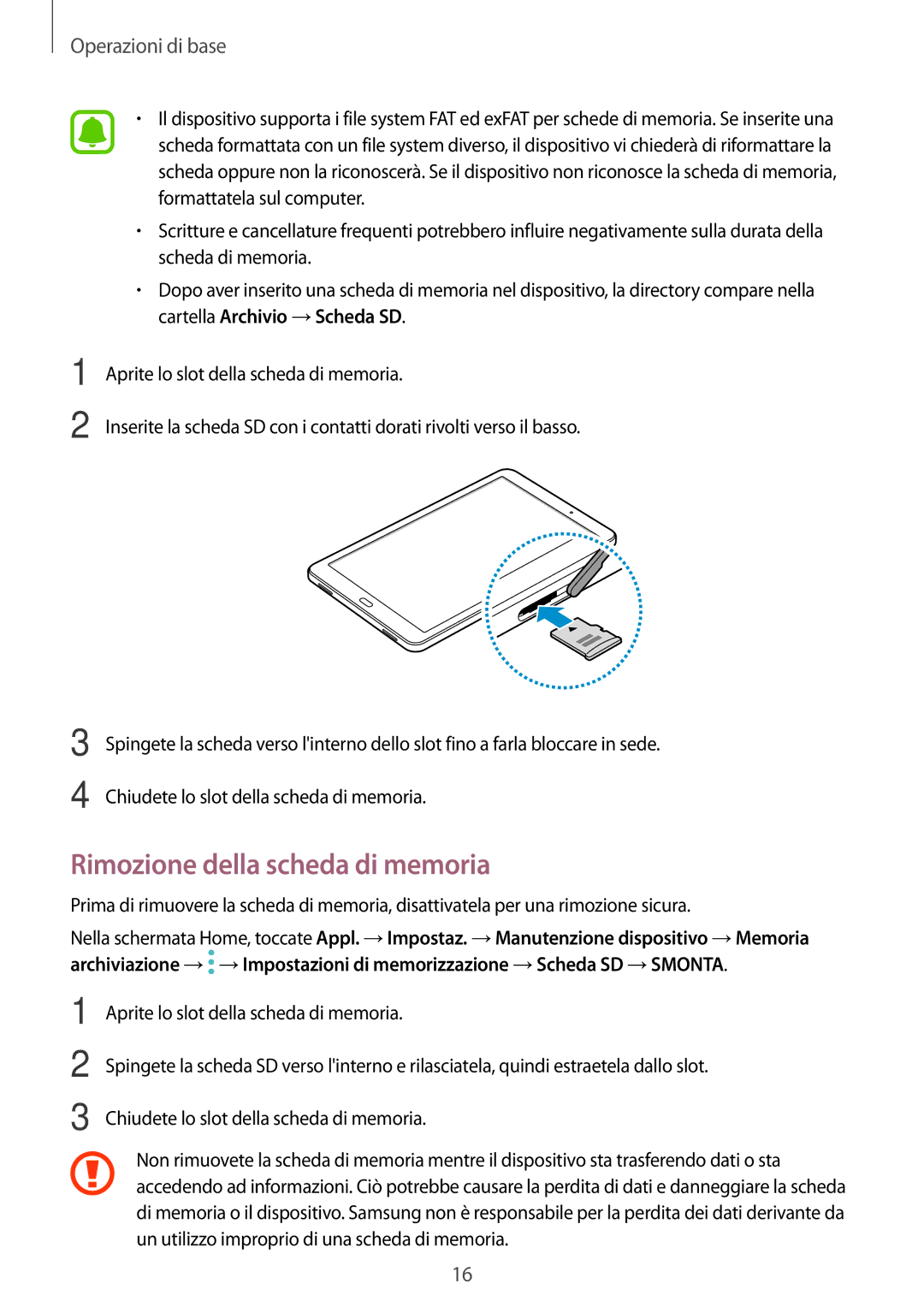 Samsung SM-T585NZAEITV, SM-T585NZWAITV manual Rimozione della scheda di memoria 