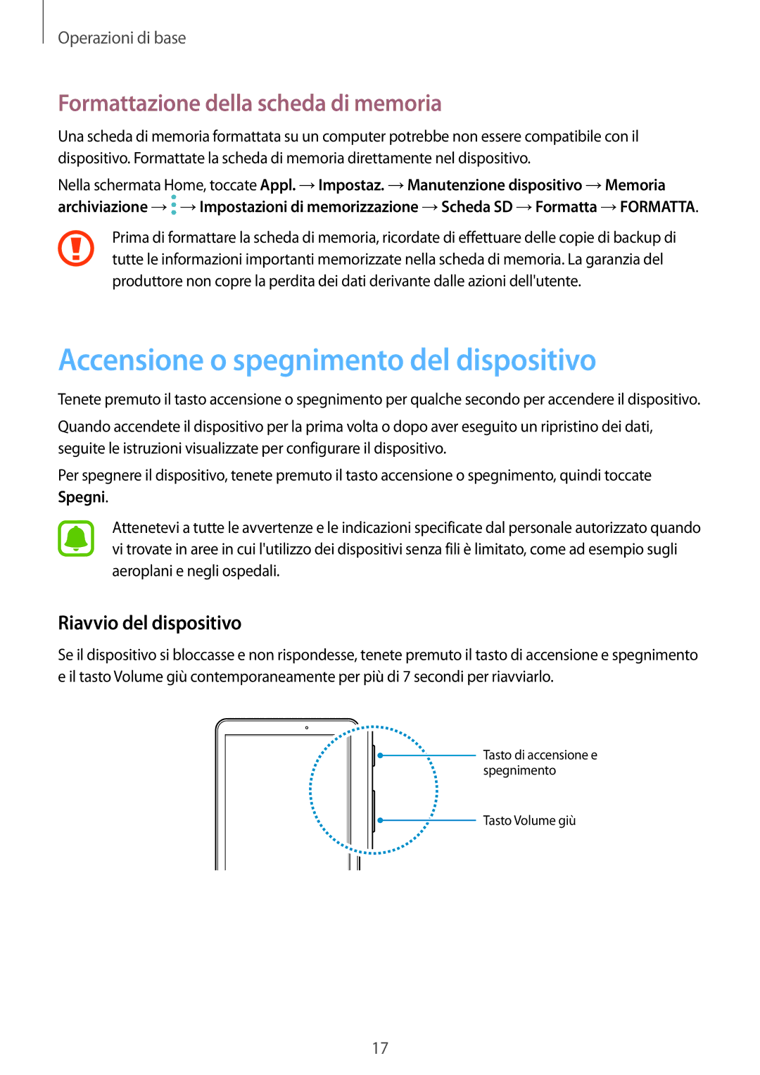 Samsung SM-T585NZWAITV, SM-T585NZAEITV Accensione o spegnimento del dispositivo, Formattazione della scheda di memoria 