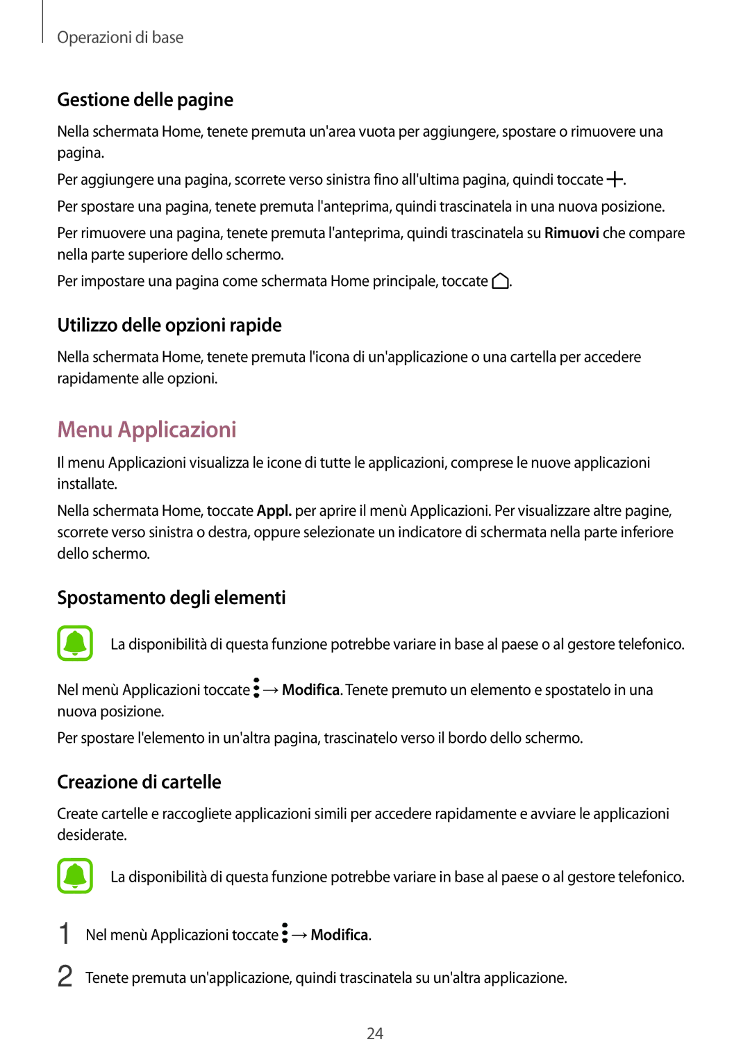 Samsung SM-T585NZAEITV, SM-T585NZWAITV manual Menu Applicazioni, Gestione delle pagine, Utilizzo delle opzioni rapide 