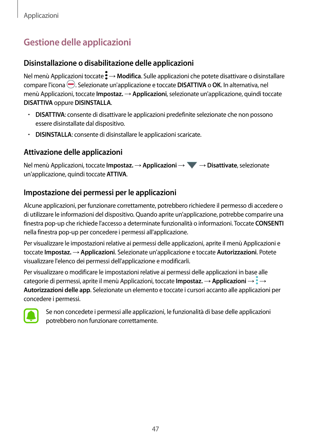 Samsung SM-T585NZWAITV, SM-T585NZAEITV Gestione delle applicazioni, Disinstallazione o disabilitazione delle applicazioni 