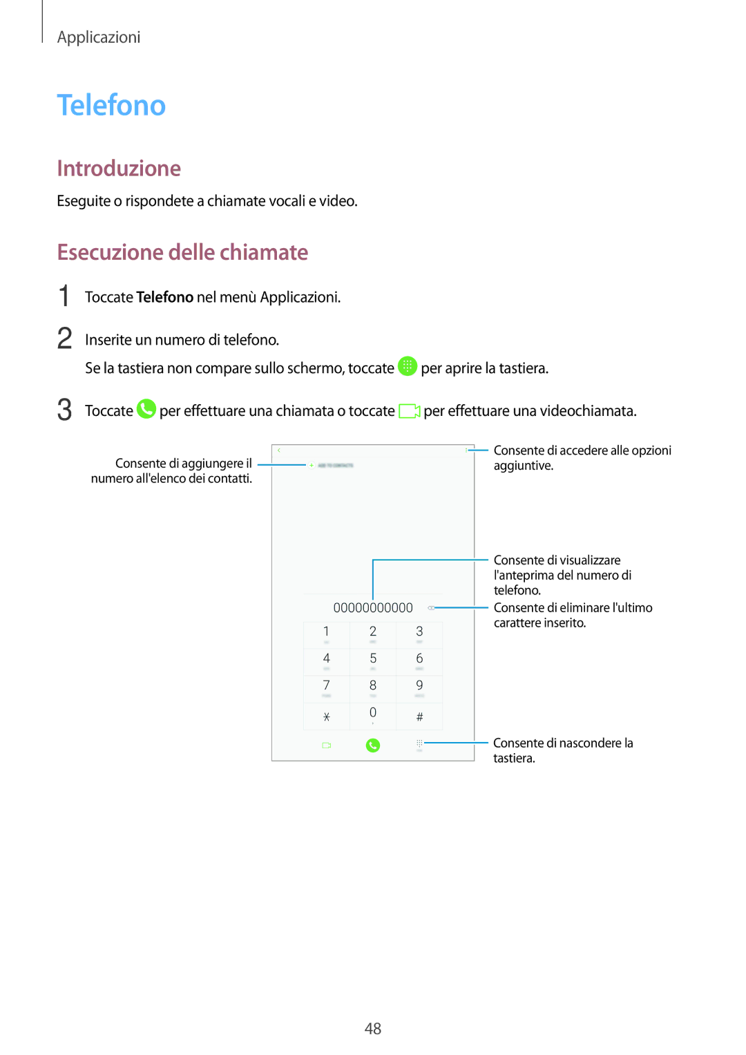 Samsung SM-T585NZAEITV, SM-T585NZWAITV manual Telefono, Esecuzione delle chiamate 