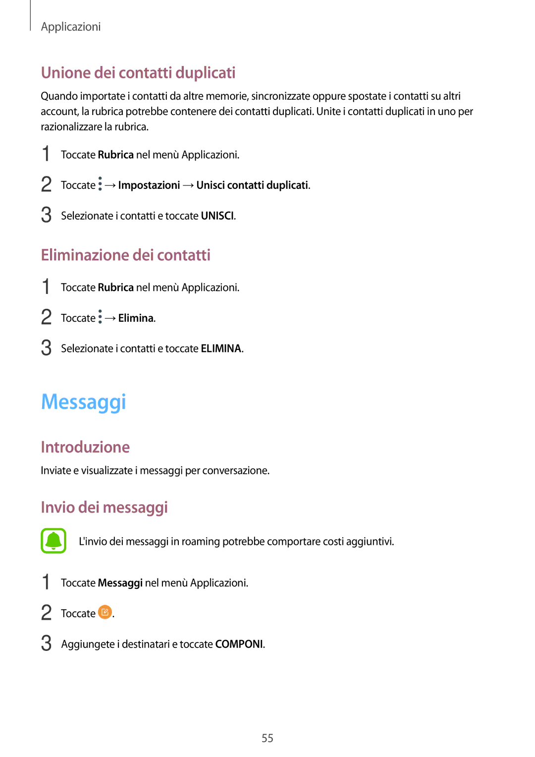 Samsung SM-T585NZWAITV manual Messaggi, Unione dei contatti duplicati, Eliminazione dei contatti, Invio dei messaggi 