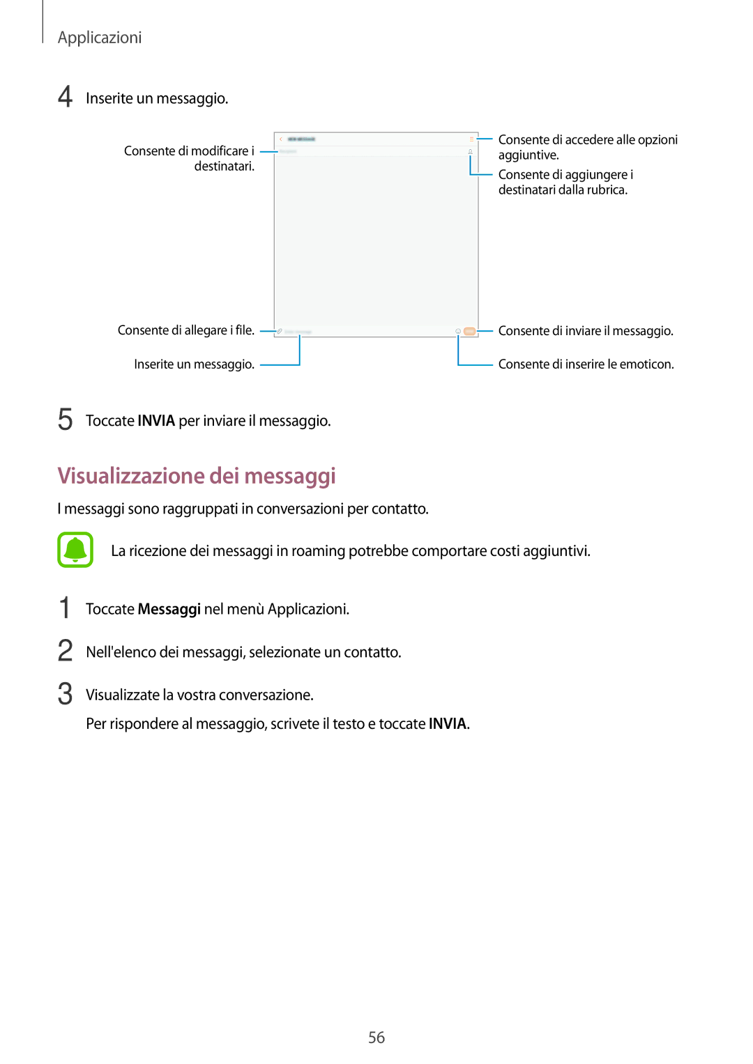 Samsung SM-T585NZAEITV, SM-T585NZWAITV manual Visualizzazione dei messaggi, Inserite un messaggio 