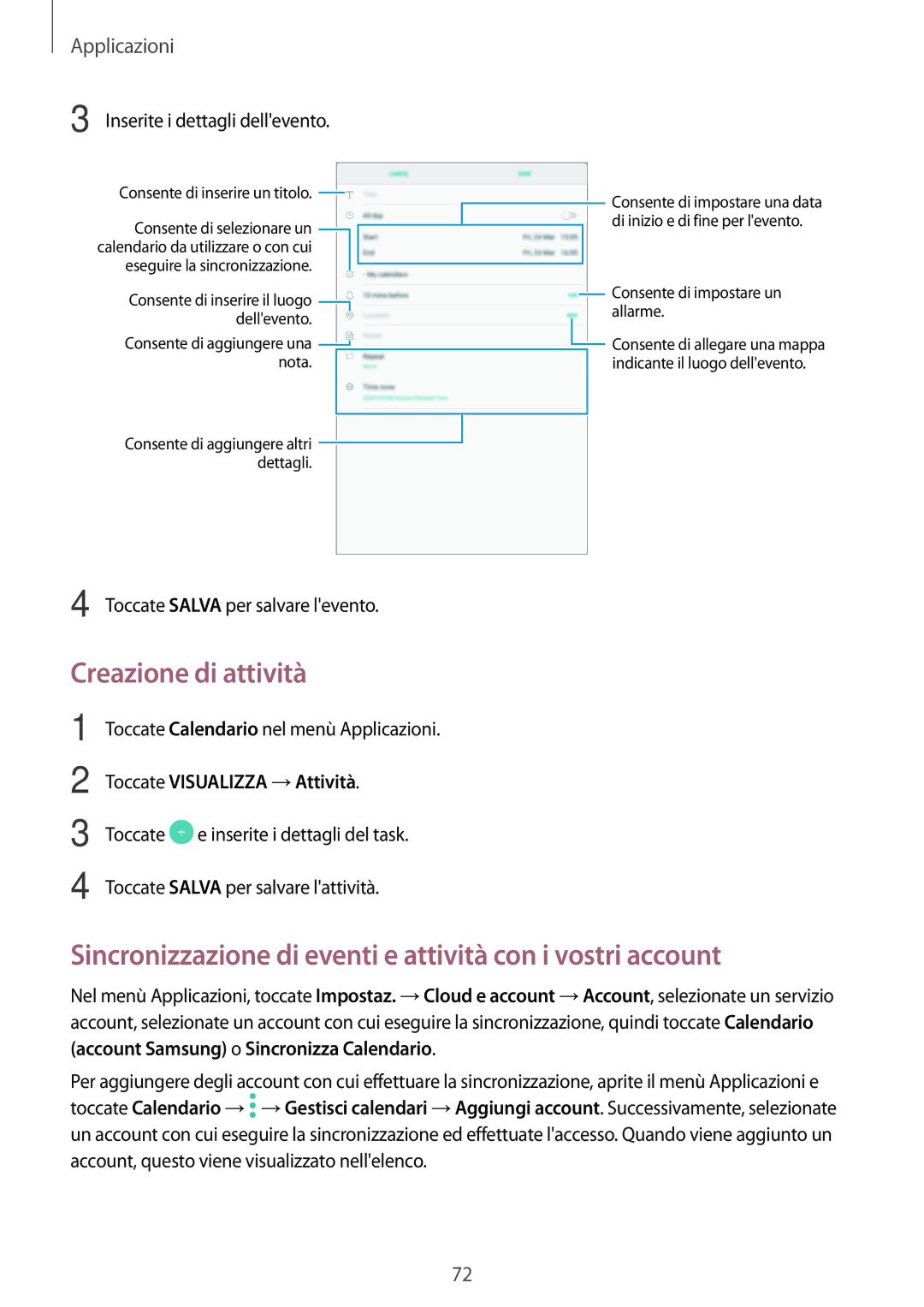 Samsung SM-T585NZAEITV, SM-T585NZWAITV Creazione di attività, Sincronizzazione di eventi e attività con i vostri account 