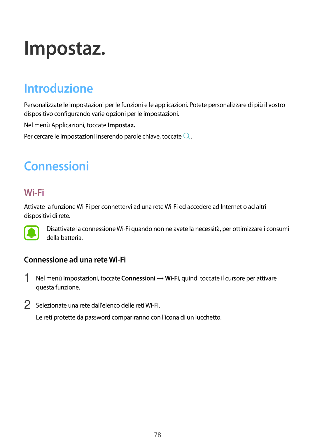 Samsung SM-T585NZAEITV, SM-T585NZWAITV manual Introduzione, Connessioni, Connessione ad una rete Wi-Fi 