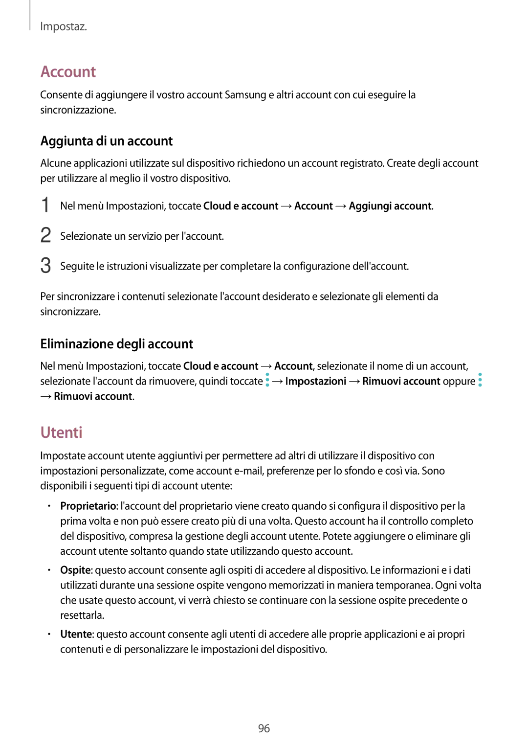 Samsung SM-T585NZAEITV manual Account, Utenti, Aggiunta di un account, Eliminazione degli account, → Rimuovi account 