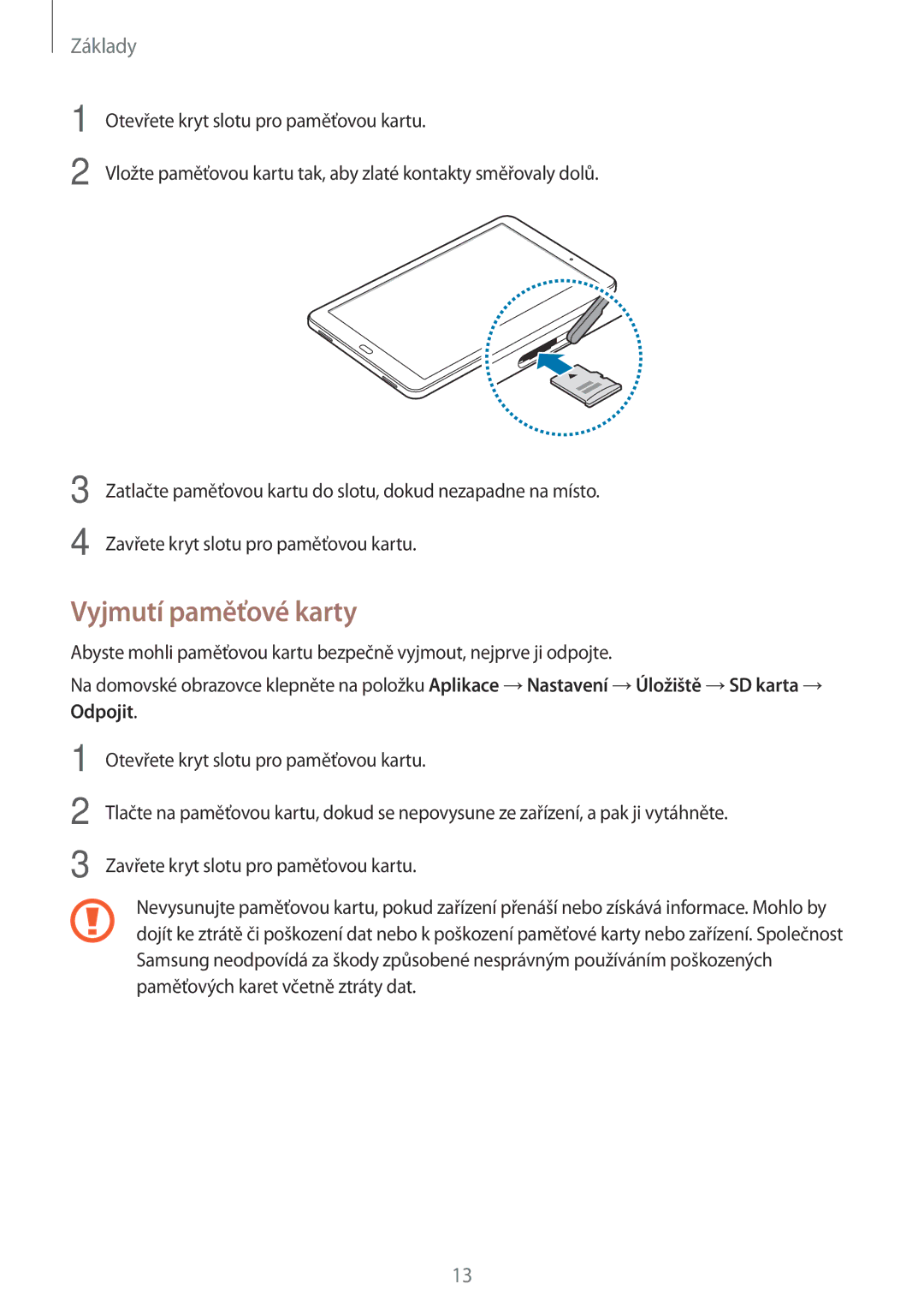 Samsung SM-T585NZKEXEZ, SM-T585NZAEXEZ manual Vyjmutí paměťové karty 