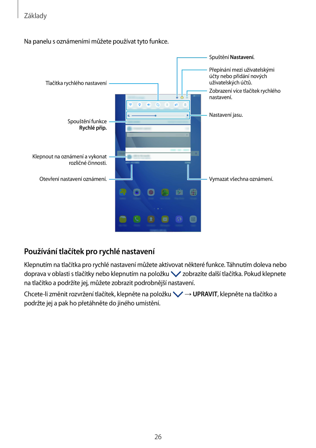 Samsung SM-T585NZAEXEZ manual Používání tlačítek pro rychlé nastavení, Na panelu s oznámeními můžete používat tyto funkce 