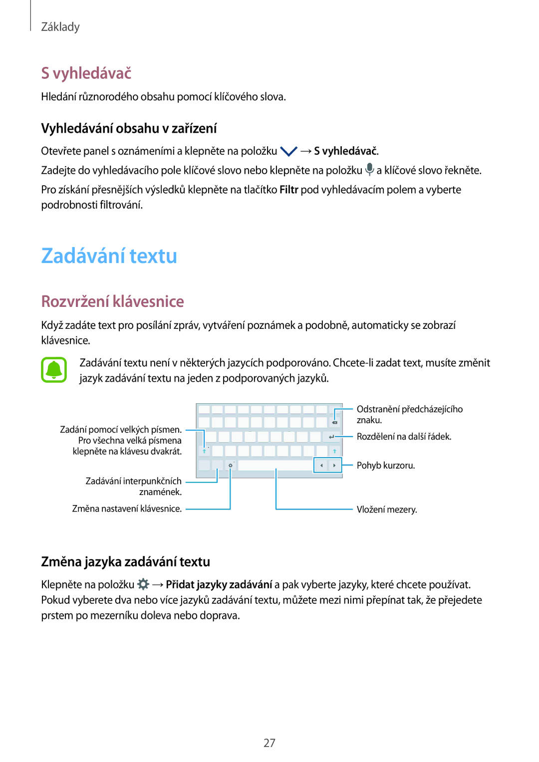 Samsung SM-T585NZKEXEZ, SM-T585NZAEXEZ Zadávání textu, Vyhledávač, Rozvržení klávesnice, Vyhledávání obsahu v zařízení 