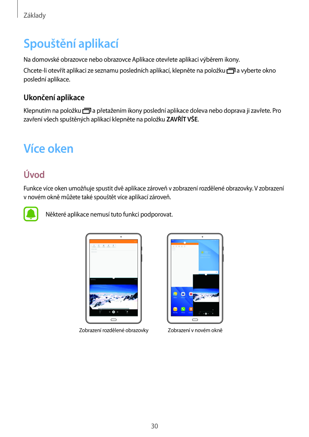Samsung SM-T585NZAEXEZ, SM-T585NZKEXEZ manual Spouštění aplikací, Více oken, Úvod, Ukončení aplikace 
