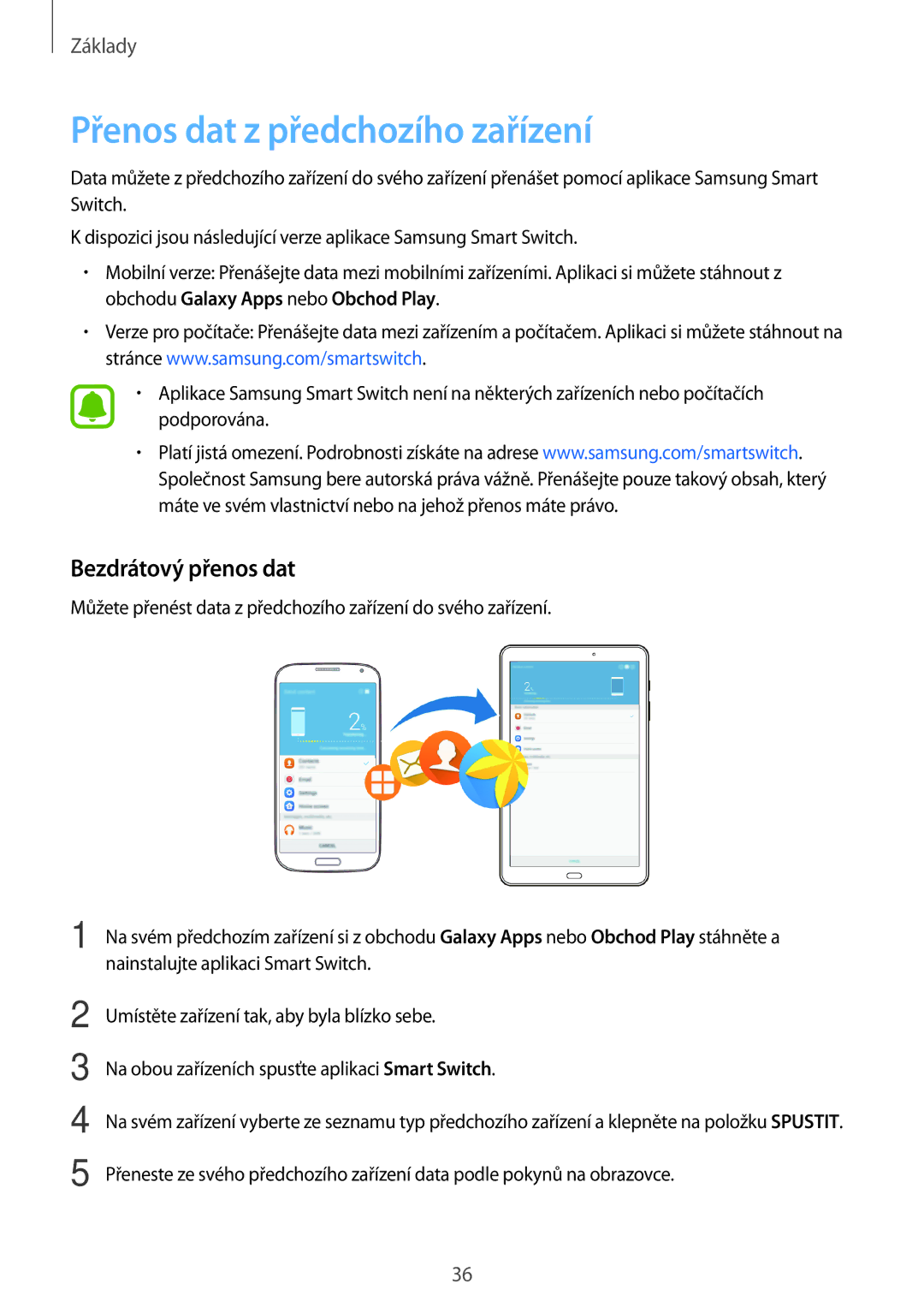 Samsung SM-T585NZAEXEZ, SM-T585NZKEXEZ manual Přenos dat z předchozího zařízení, Bezdrátový přenos dat 