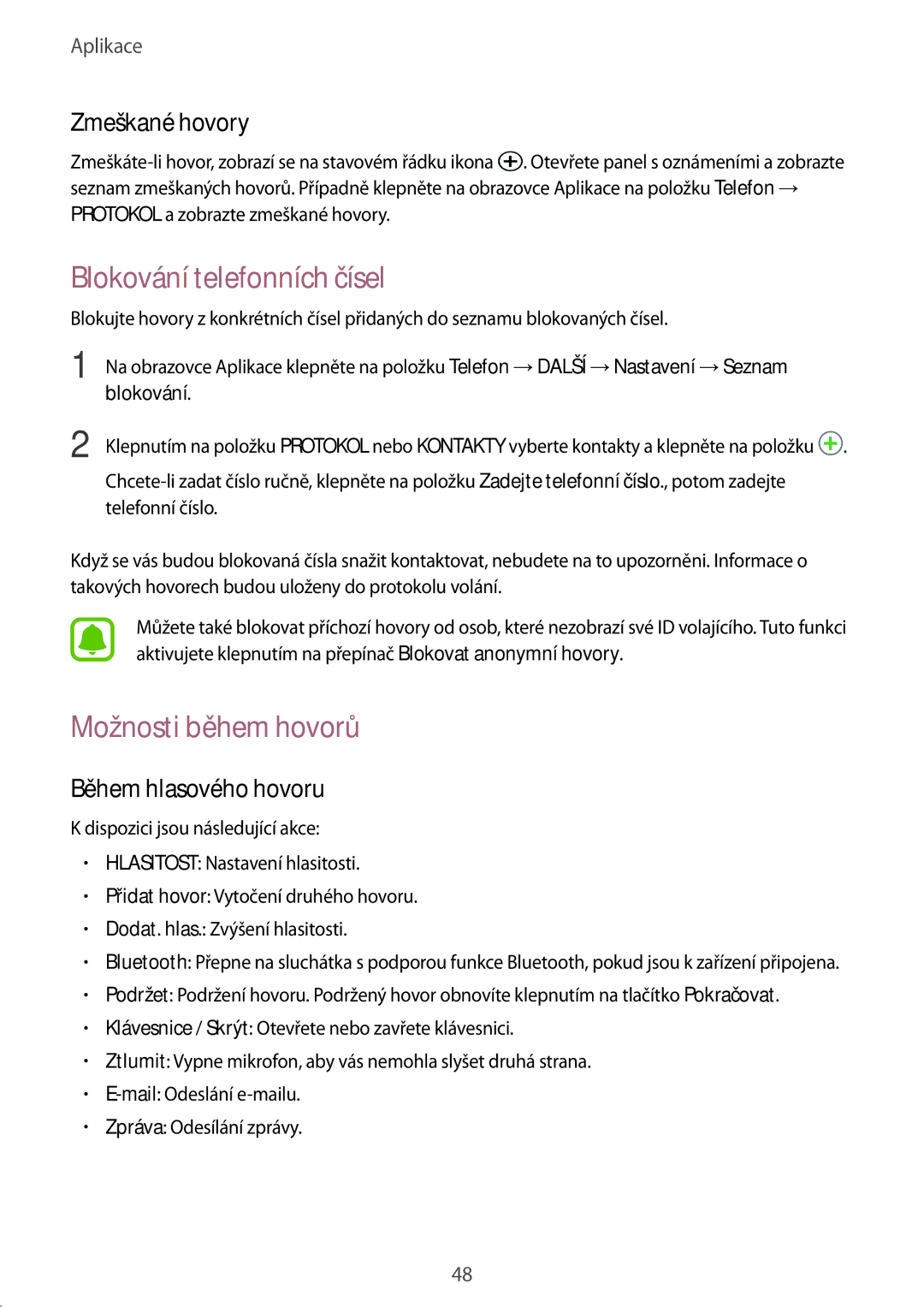 Samsung SM-T585NZAEXEZ manual Blokování telefonních čísel, Možnosti během hovorů, Zmeškané hovory, Během hlasového hovoru 