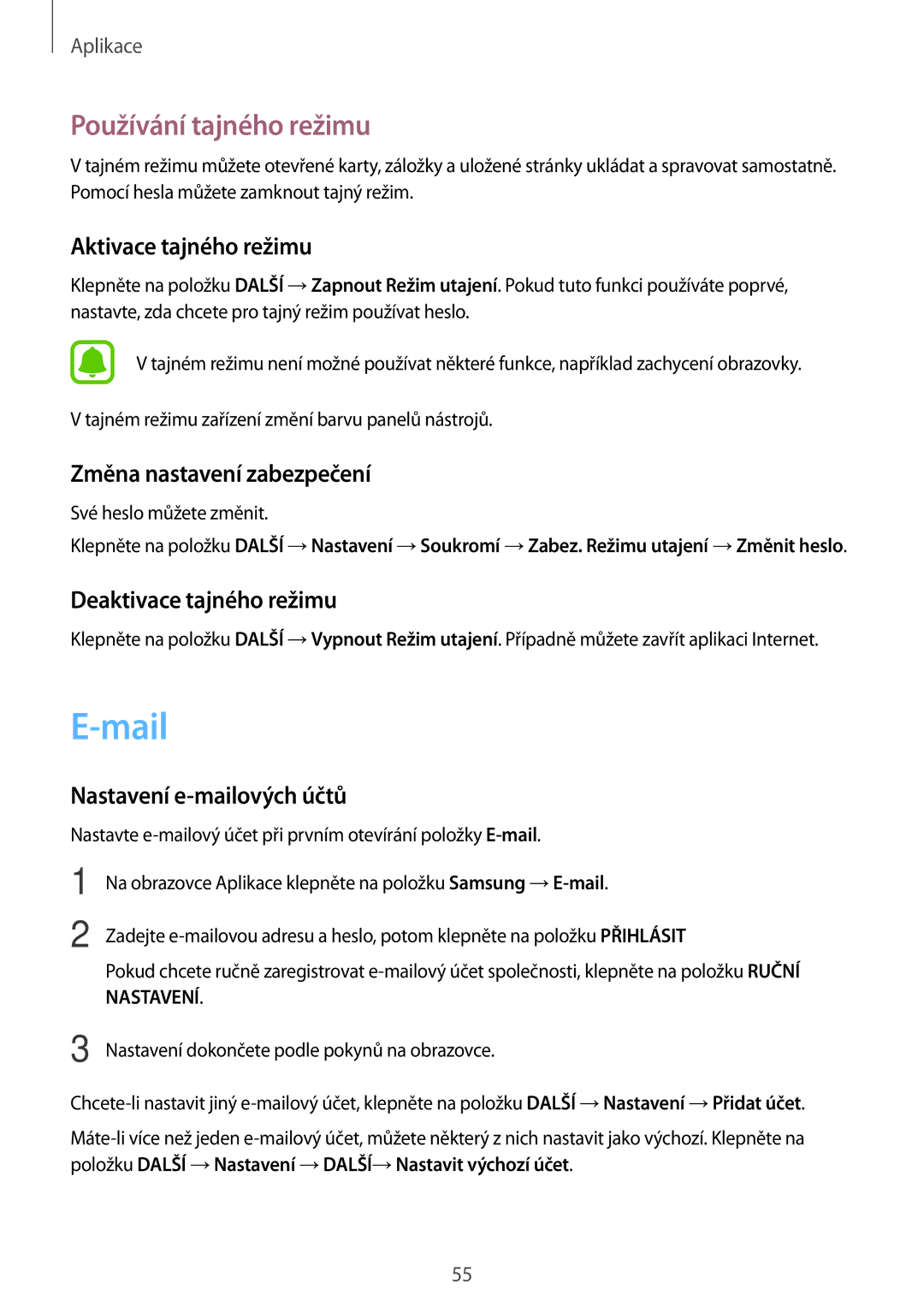 Samsung SM-T585NZKEXEZ, SM-T585NZAEXEZ manual Mail, Používání tajného režimu 